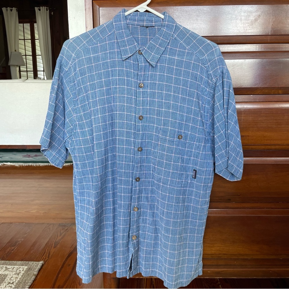 Patagonia Shirt Mens L Blue Plaid Organic Cotton Blend Button Up Outdoor